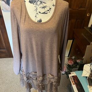 Elegant Brown Lace Hem Women's Top